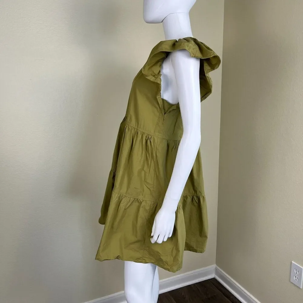 Marie Oliver Women Size XS Green Kara Tiered Cotton Babydoll Mini Pullover Dress